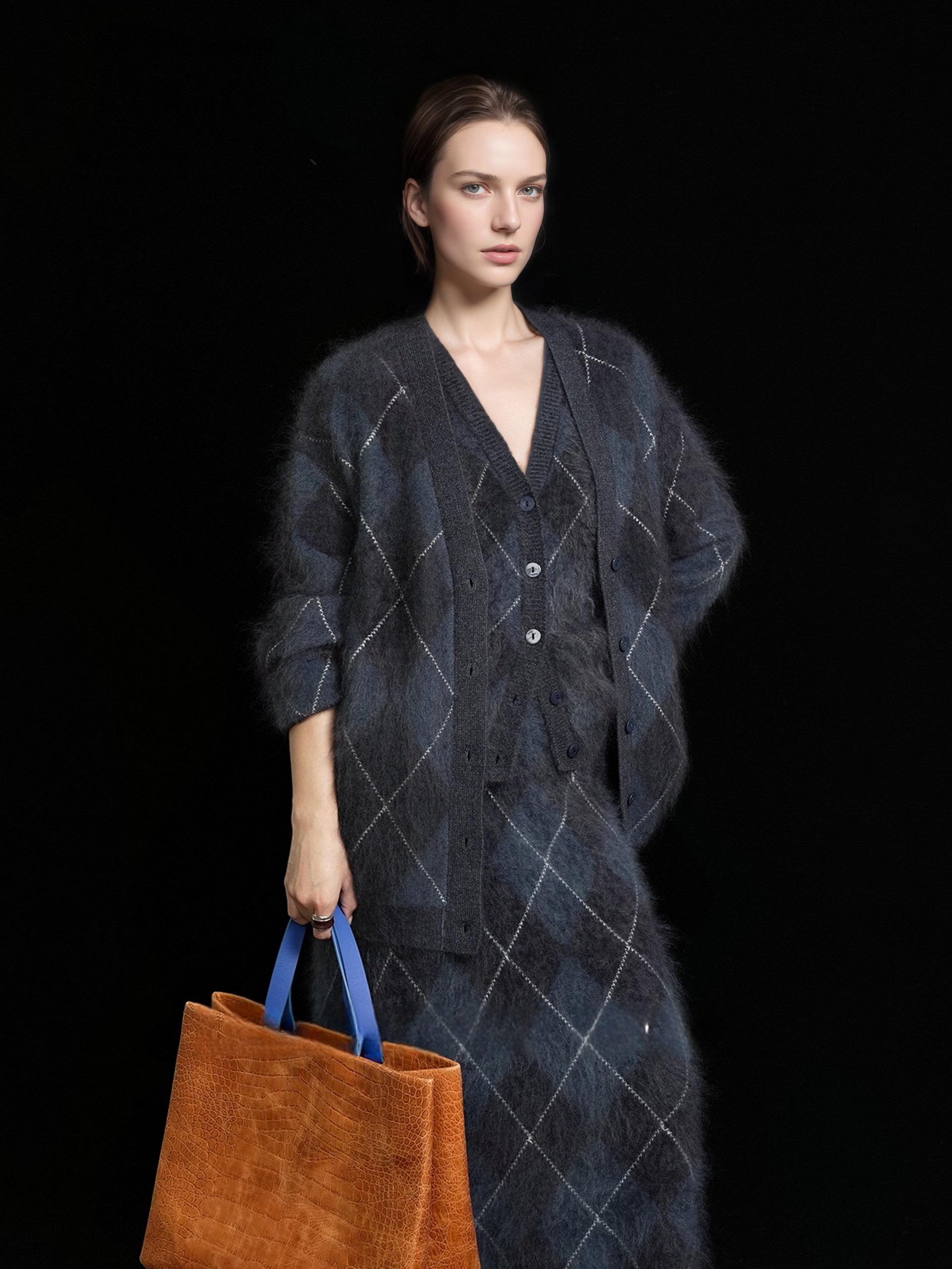 Heavyweight Brushed Knit Vintage Diamond-Pattern Cardigan for Women