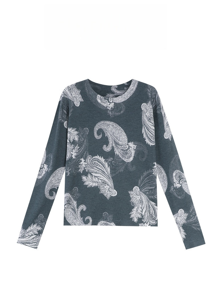 Hand-Painted Cashew Flower Print Wool Sweater – 16-Gauge Fine Knit Pullover with Waist Floral Design for Women