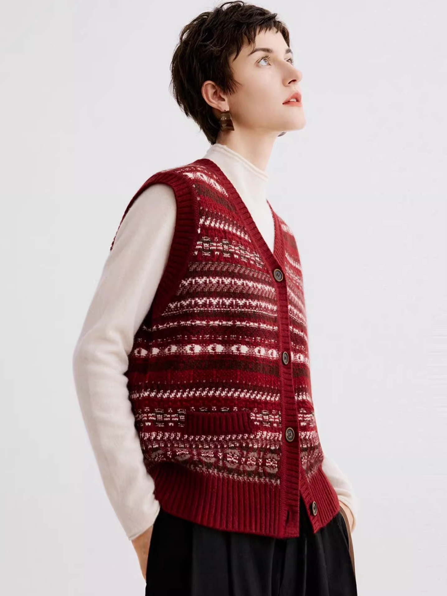 Fair Isle Layered Vest – Stylish V-Neck Jacquard Knit Cardigan for Women, Fall/Winter Sweater
