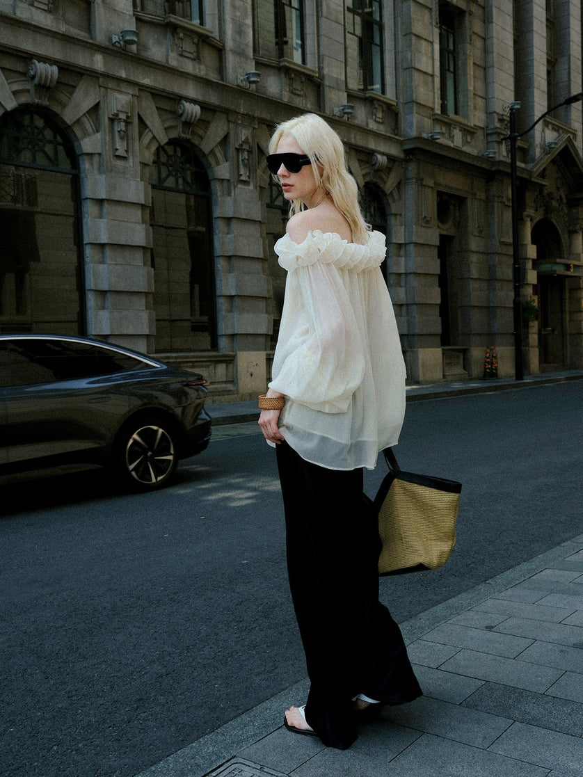 The Cupro-Blend 3D Floral Off-Shoulder Blouse