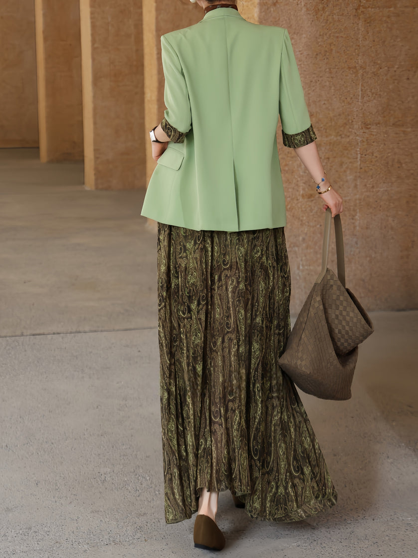 Sage Blazer & Paisley Print Skirt Two-Piece Set