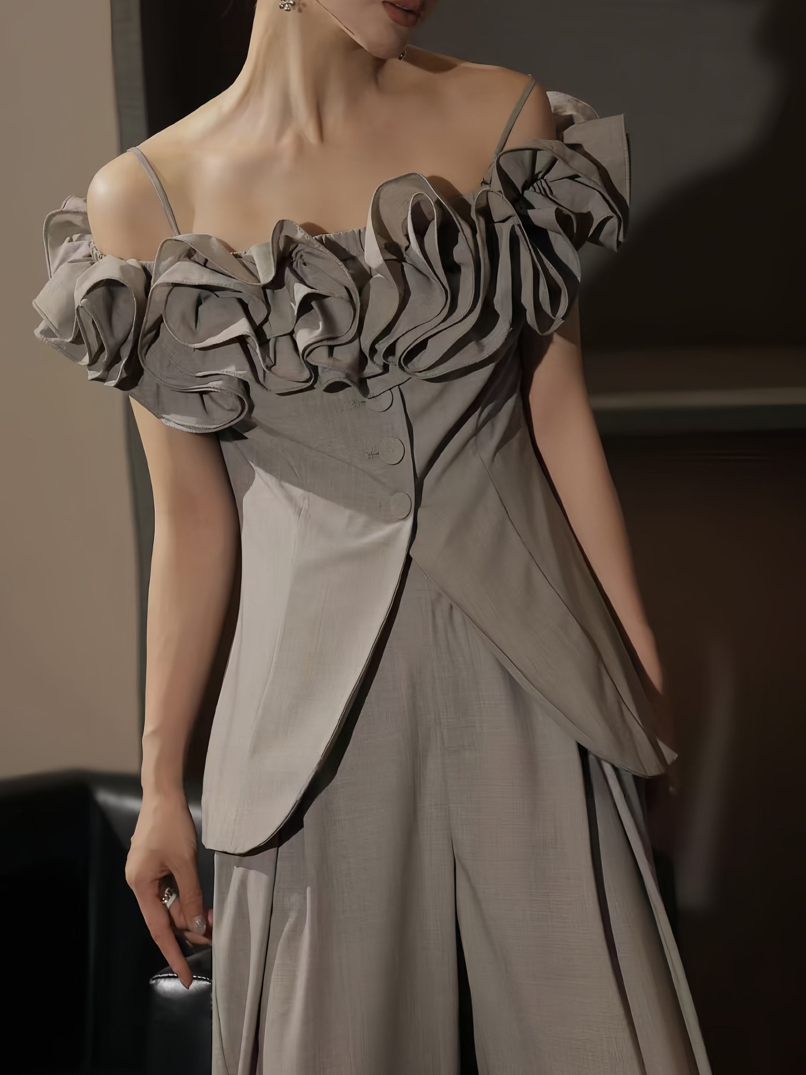 Ruffled Off-Shoulder Top & Wide-Leg Pants Set – Made to Measure
