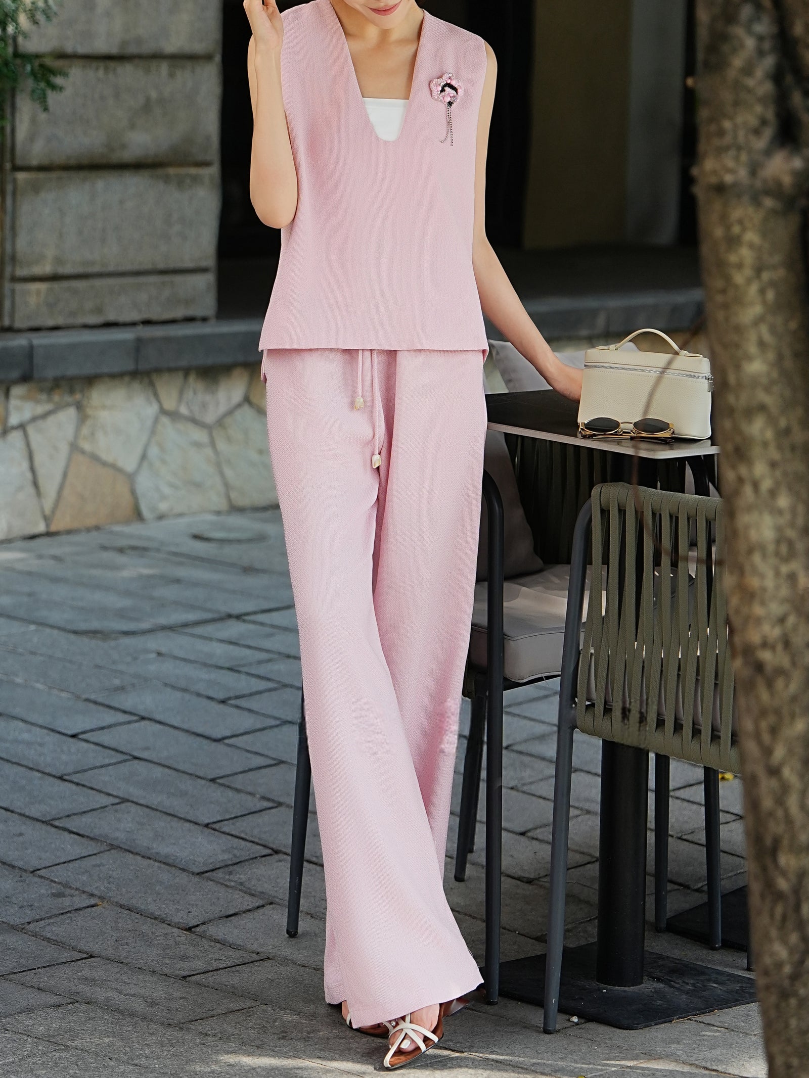 Textured V-Neck Top & Wide-Leg Pants Set – Made to Measure