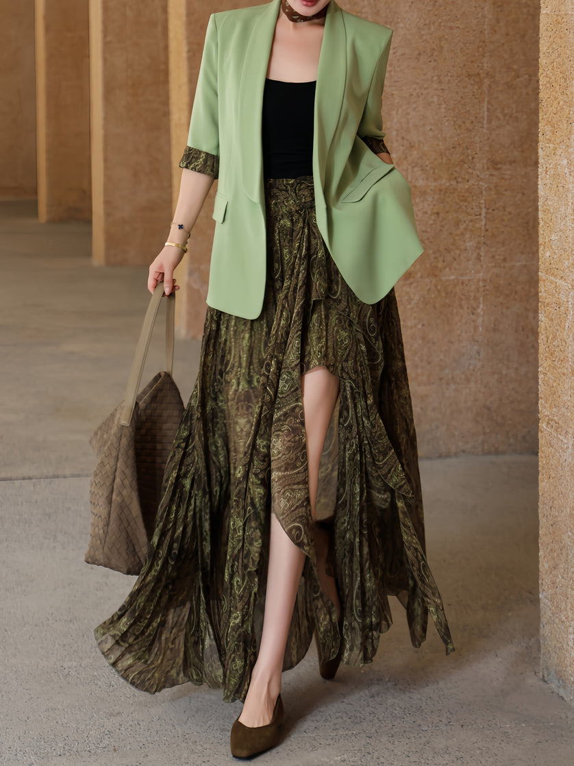 Sage blazer and paisley print skirt outfit inspiration