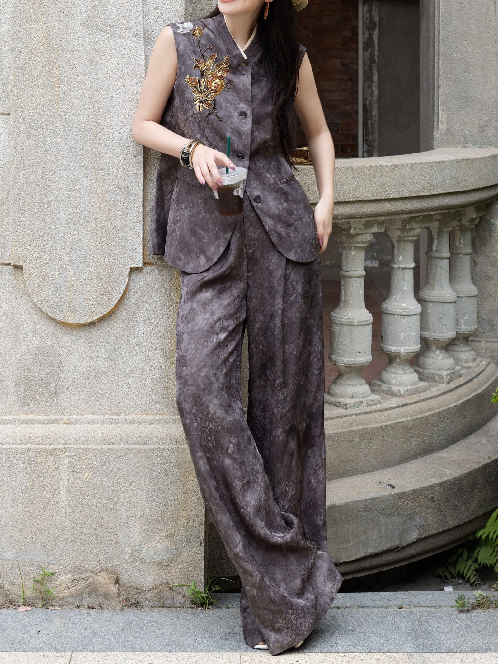 Silk-Blend Jacquard Beaded Vest & Wide-Leg Pants Set – Made to Measure