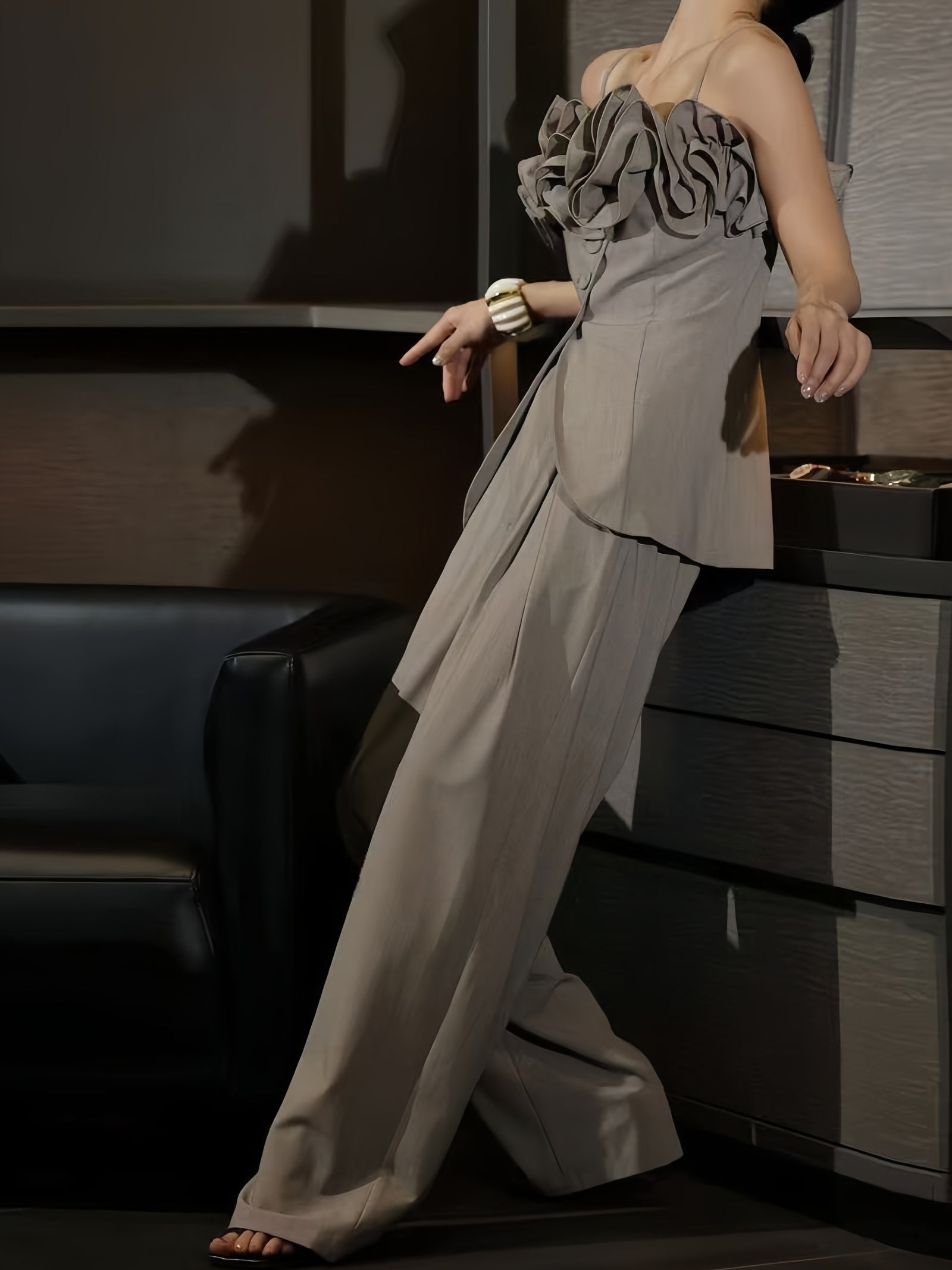 Ruffled Off-Shoulder Top & Wide-Leg Pants Set – Made to Measure
