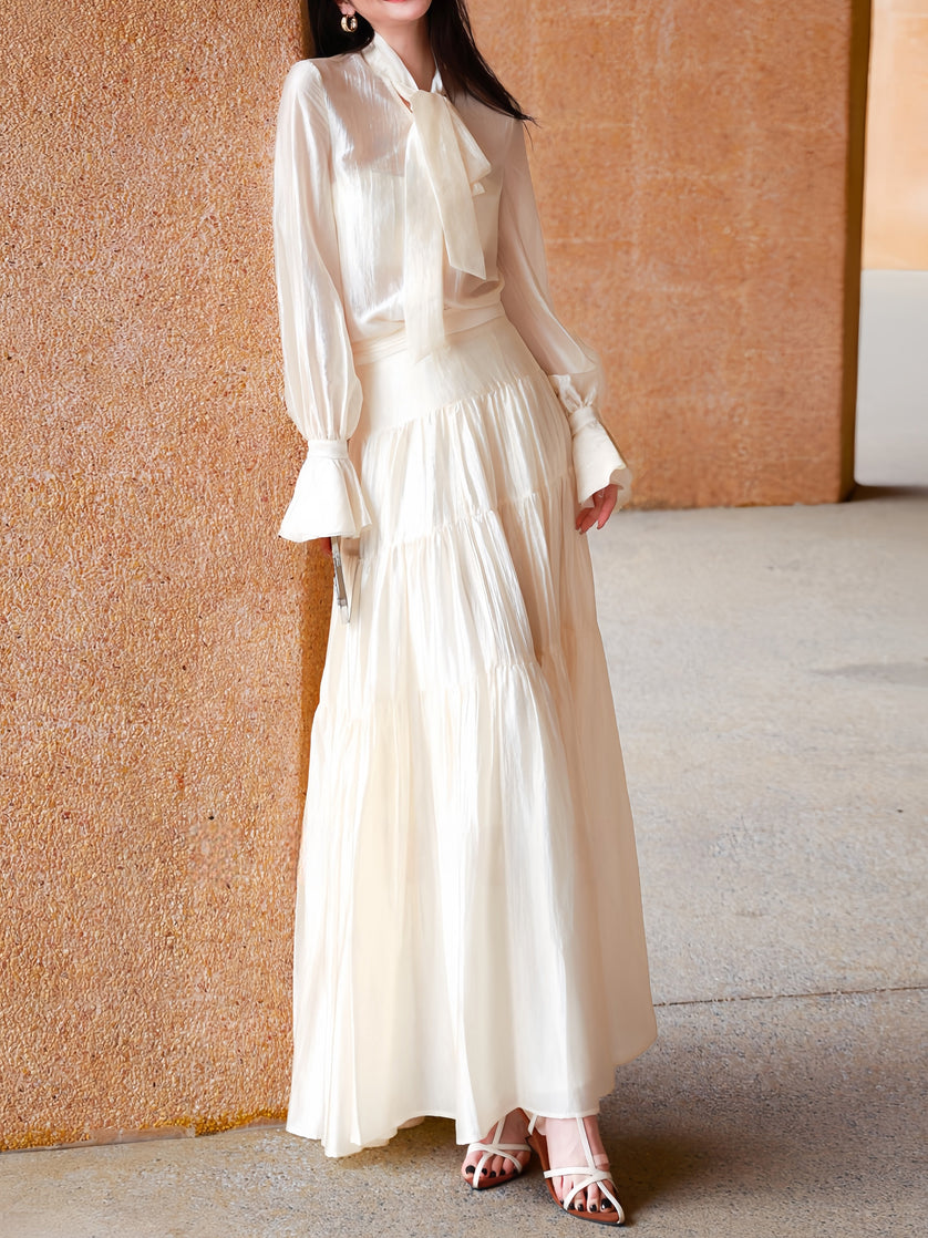 Tie-neck blouse and tiered skirt outfit inspiration