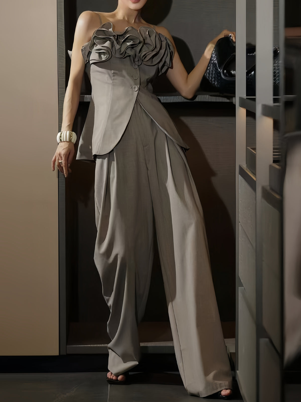 Ruffled Off-Shoulder Top & Wide-Leg Pants Set – Made to Measure