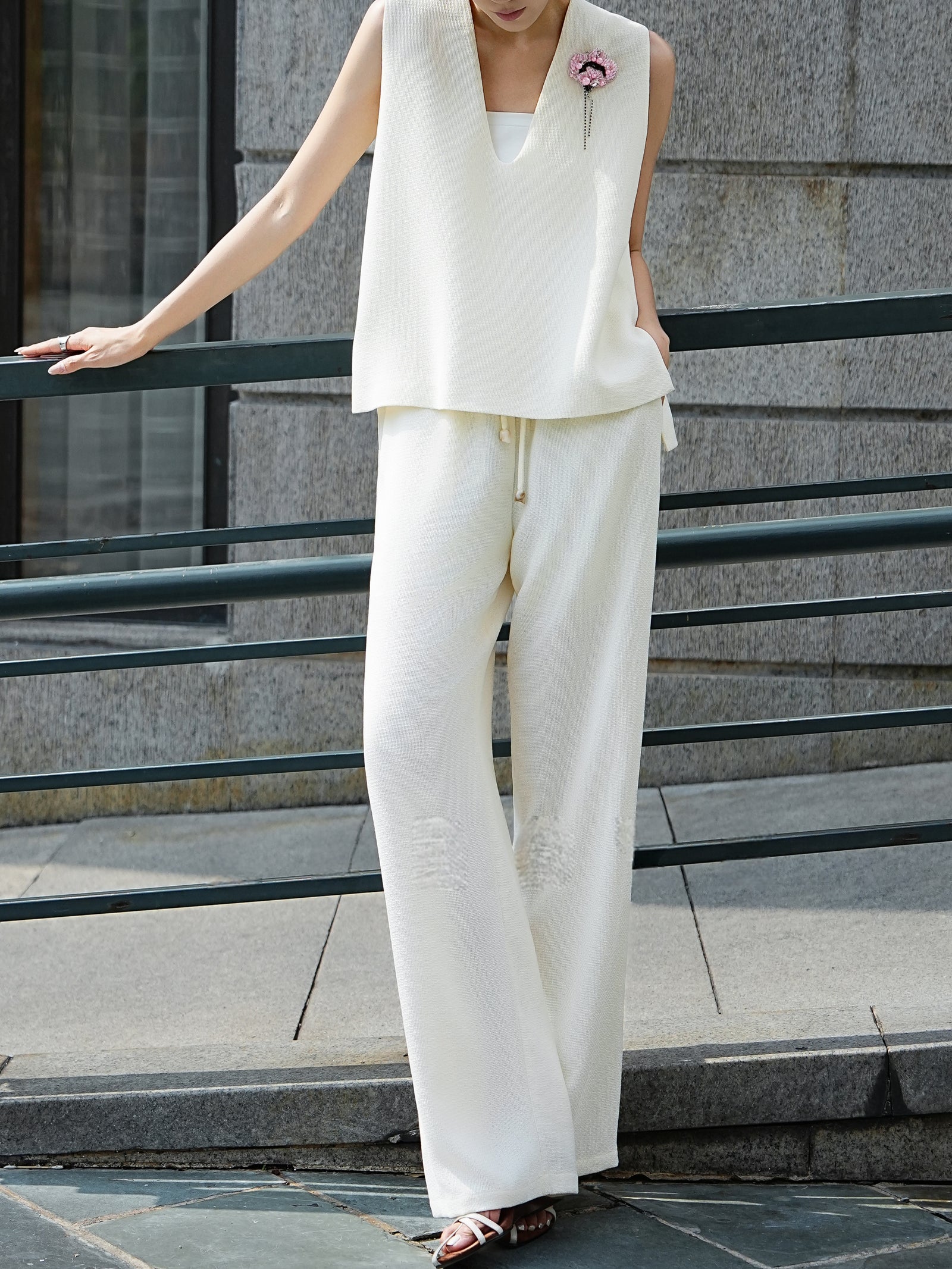 Textured V-Neck Top & Wide-Leg Pants Set – Made to Measure