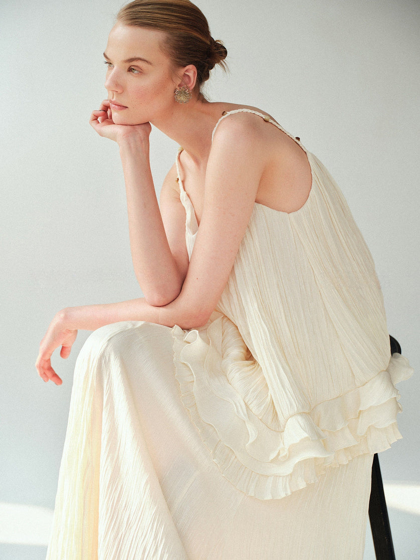 Pearlescent Crinkled Silk-Feel Camisole and A-Line Skirt Set