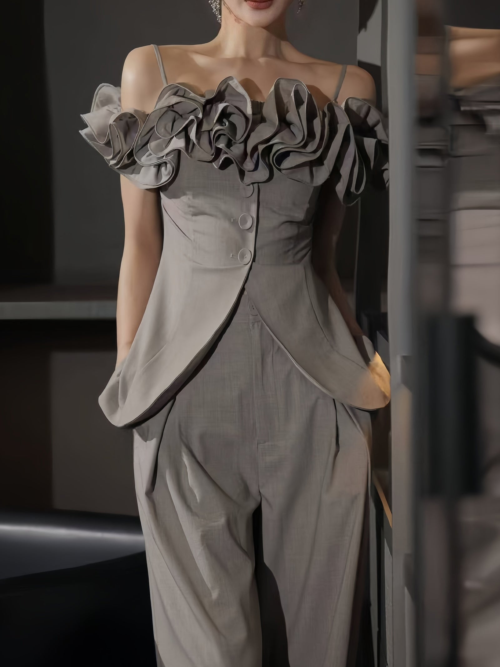 Ruffled Off-Shoulder Top & Wide-Leg Pants Set – Made to Measure