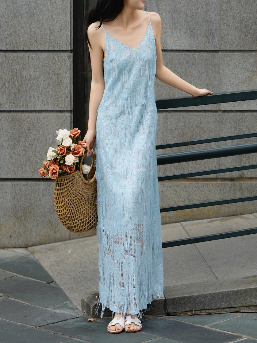 Light Blue French Fringe V-Neck Slip Dress
