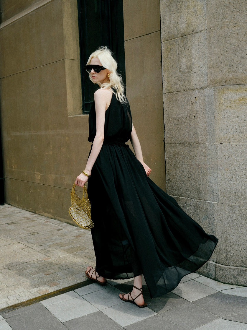 Chiffon halter maxi dress outfit inspiration