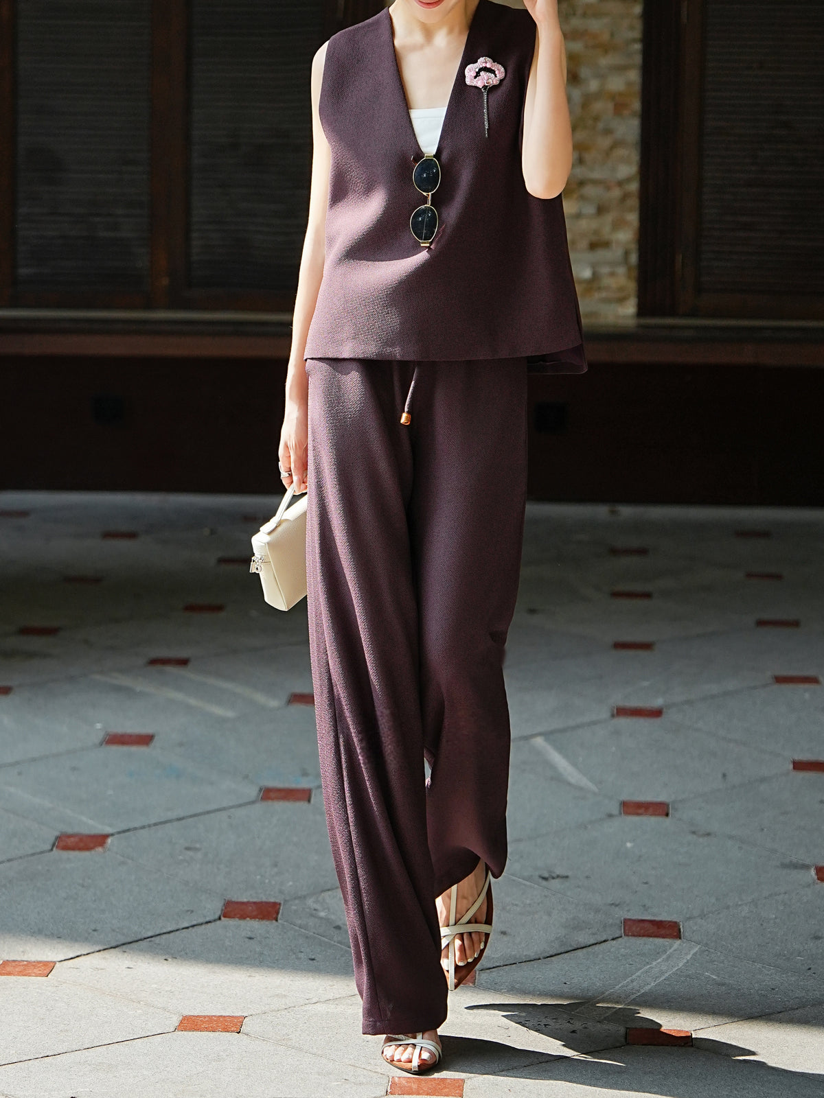 Textured V-Neck Top & Wide-Leg Pants Set – Made to Measure