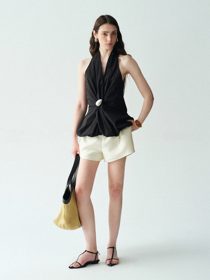 Sculptural Halter Bubble-Hem Blouse