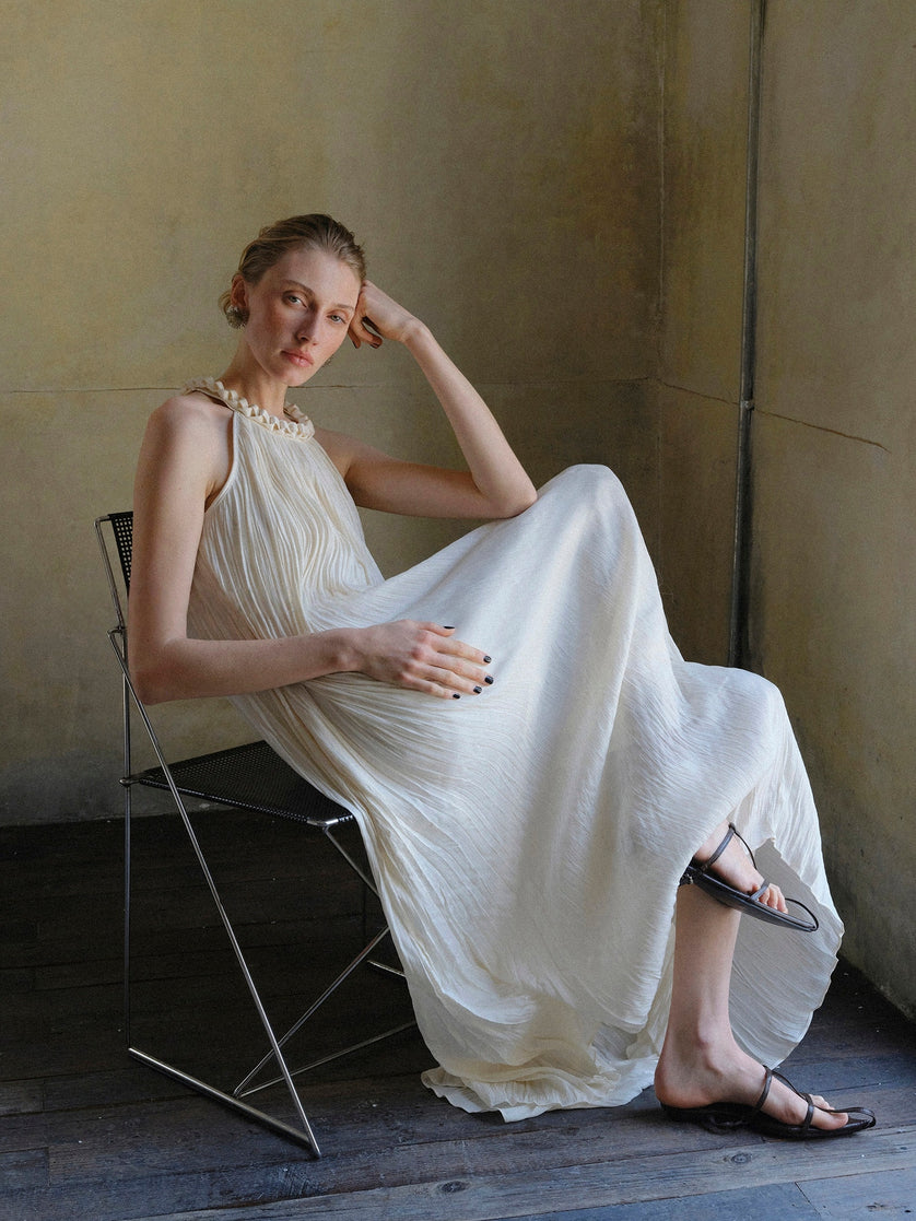 The Lustre Island-Silk Pleated Halter Dress