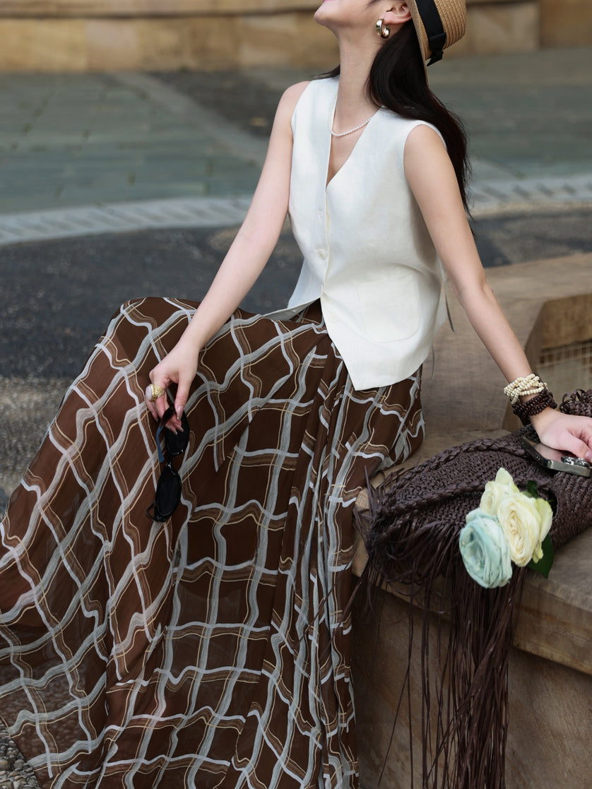 Linen vest and plaid maxi skirt outfit inspiration