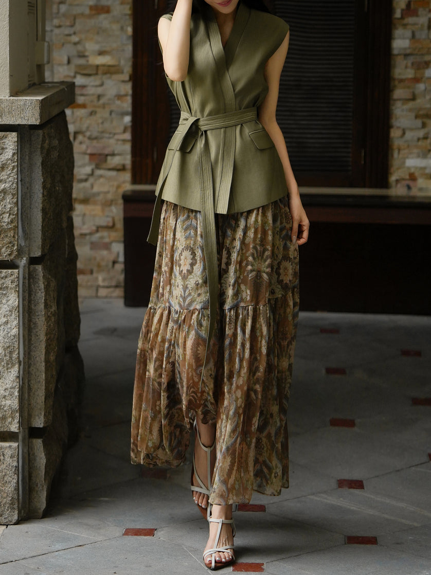 Vintage Waist-Tie Vest & Paisley Maxi Skirt Set