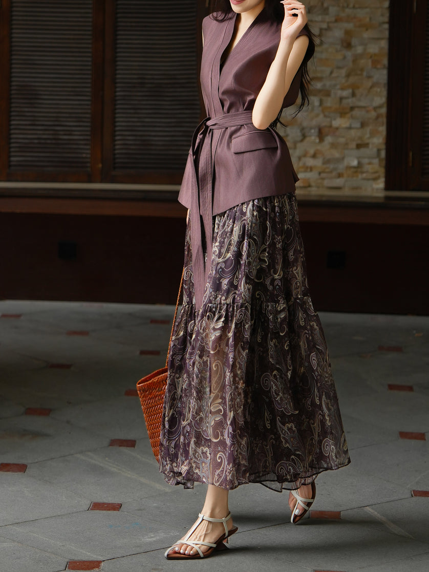 Vintage Waist-Tie Vest and Paisley Maxi Skirt Set