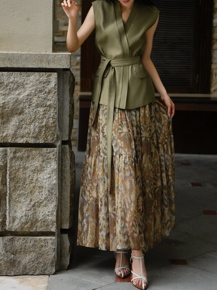 Vintage waist-tie vest and paisley maxi skirt outfit inspiration