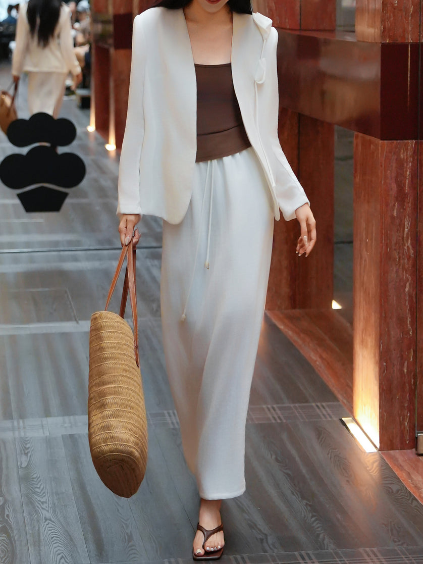 The Floral-Detail White Blazer and Maxi Skirt Set