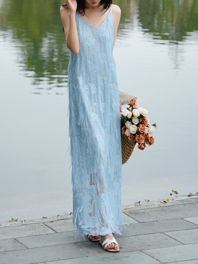 The Light Blue French Fringe V-Neck Slip Dress