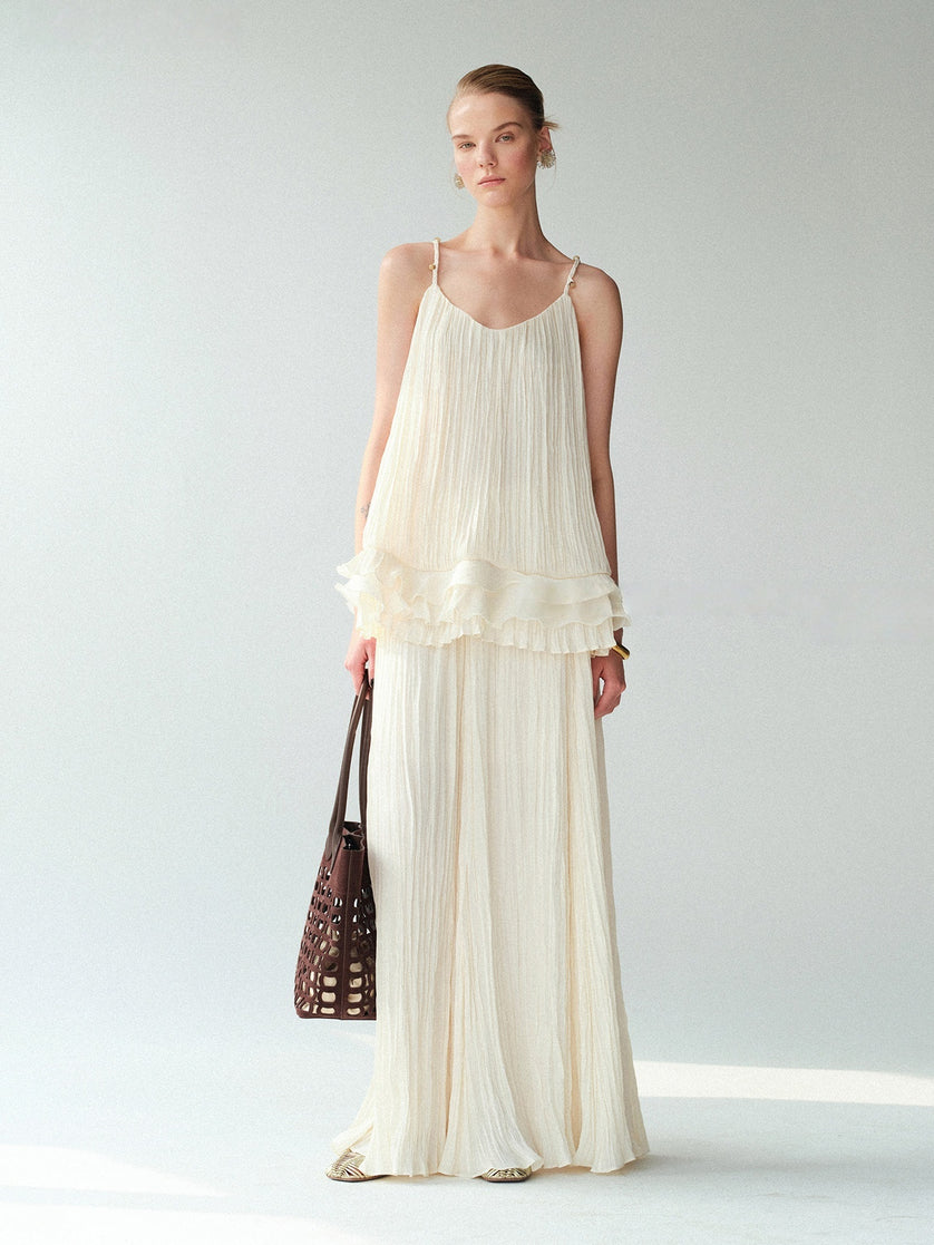 Pearlescent pleated camisole and skirt outfit inspiration
