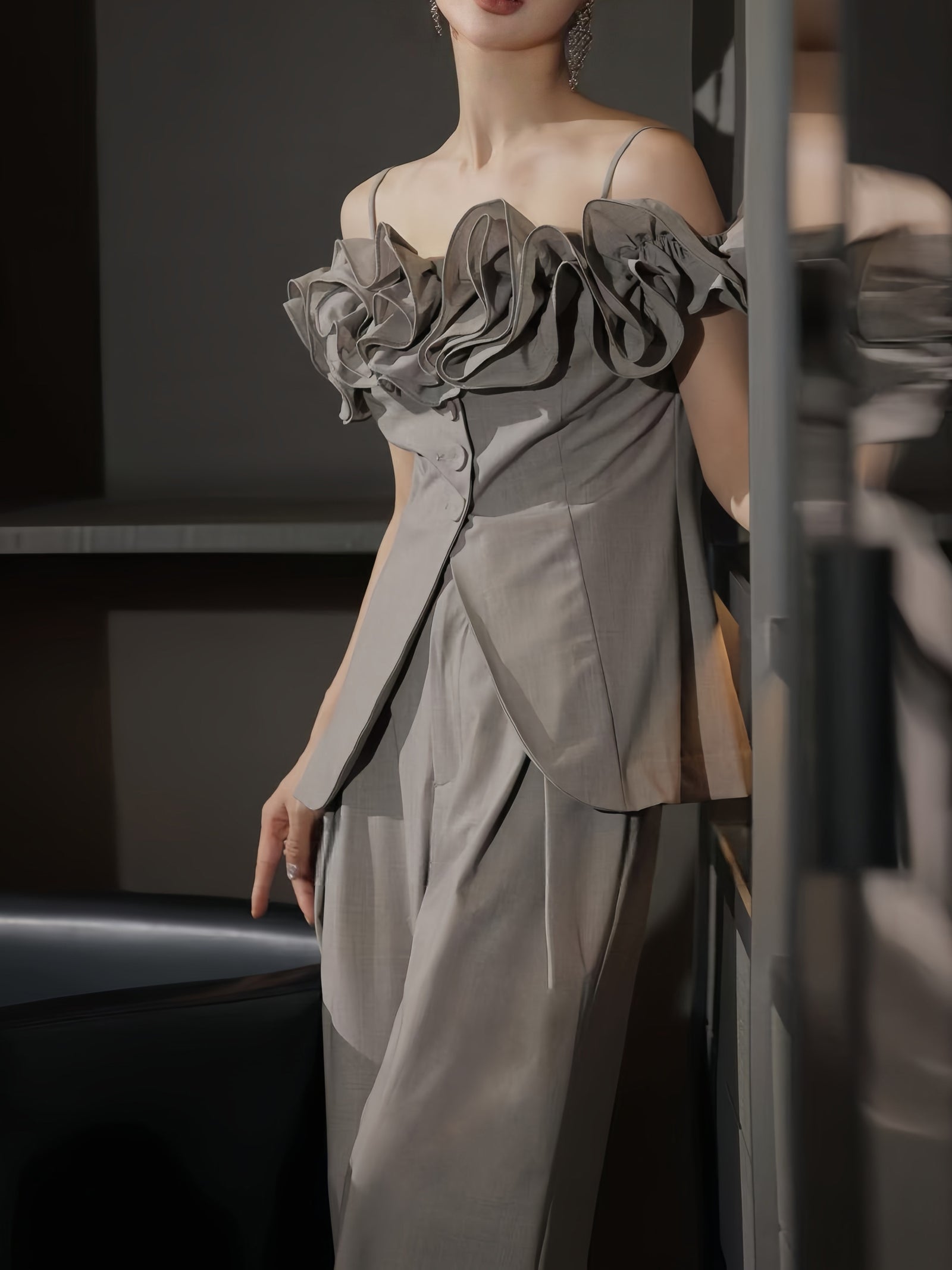 Ruffled Off-Shoulder Top & Wide-Leg Pants Set – Made to Measure