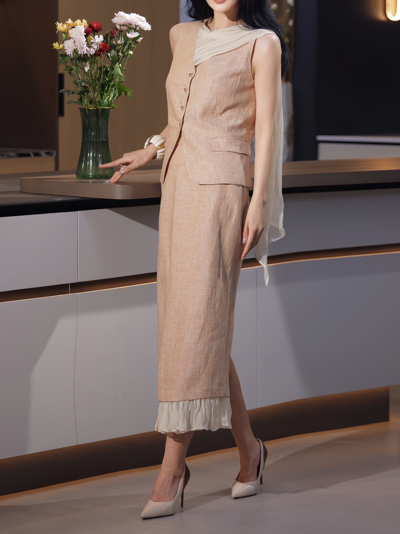 Sheer Scarf Tailored Vest & Midi Skirt Set – Made to Measure