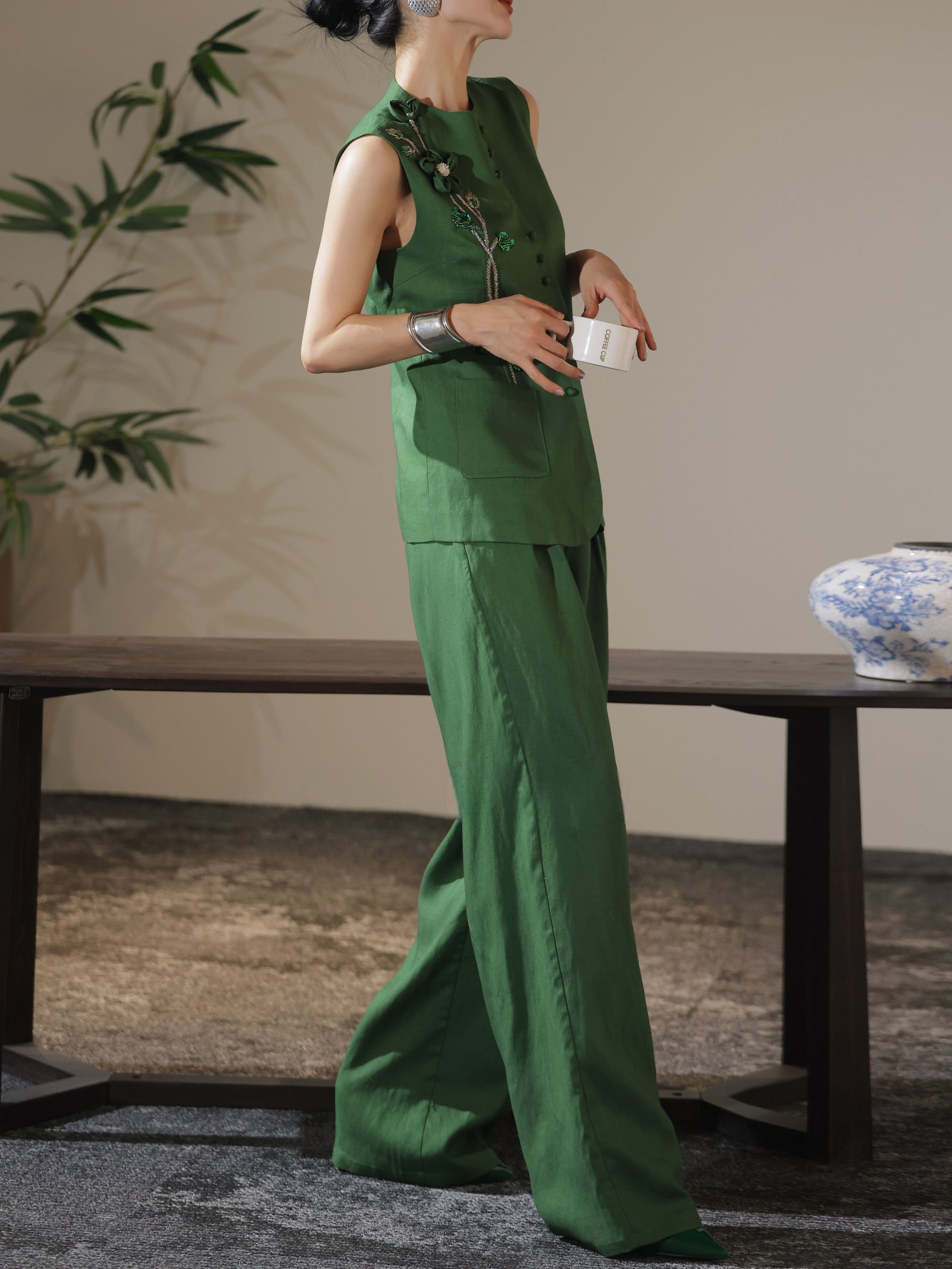 Embroidered Linen-Blend Vest and Wide-Leg Pants – Made to Measure