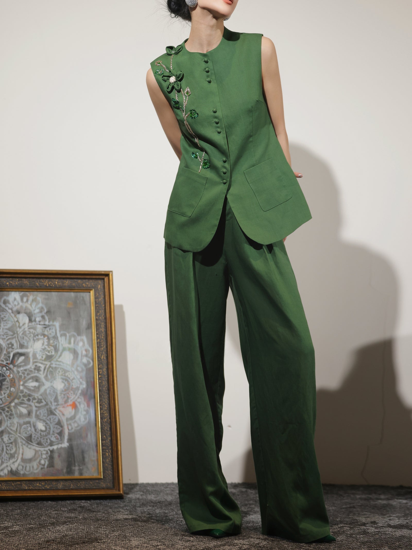 Embroidered Linen-Blend Vest and Wide-Leg Pants – Made to Measure