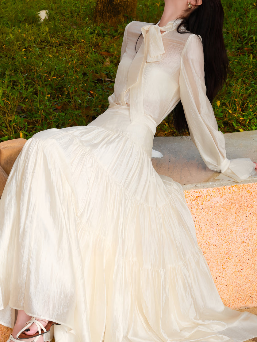 Acetate Tie-Neck Blouse and Flowing Tiered Skirt Set