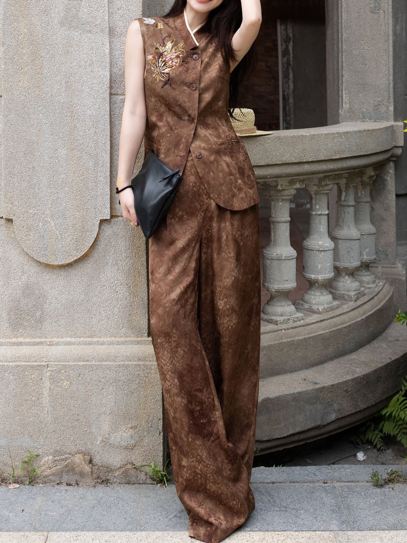 Silk-Blend Jacquard Beaded Vest & Wide-Leg Pants Set – Made to Measure