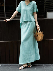 Embroidered Lace Linen Top and Maxi Skirt Set – Made to Measure