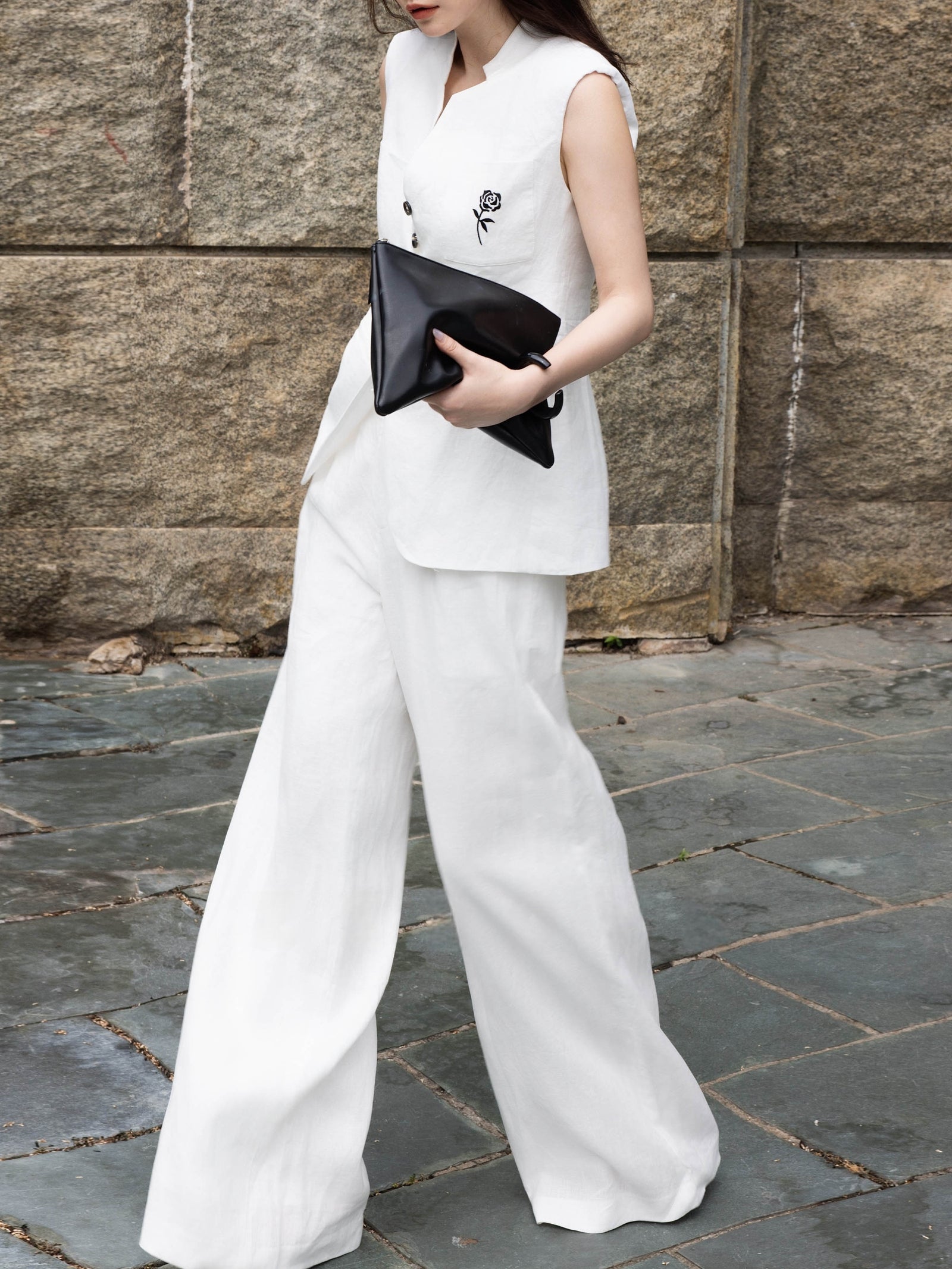 Rose Embroidered Linen Vest & Wide-Leg Pants Set – Made to Measure