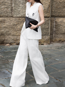 Rose Embroidered Linen Vest & Wide-Leg Pants Set – Made to Measure