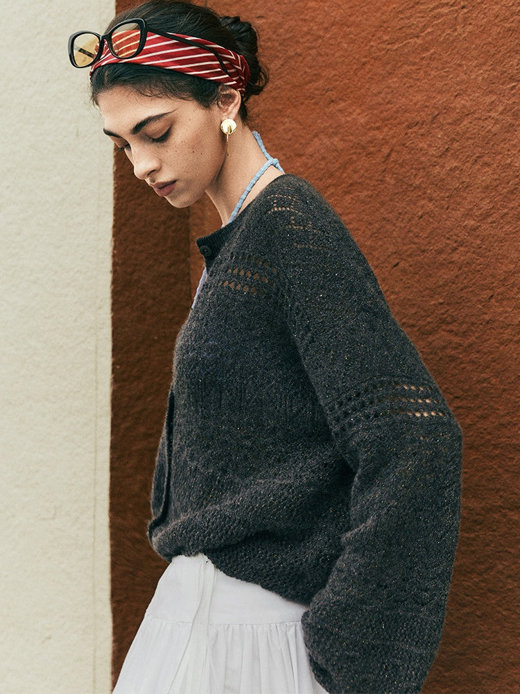 South of France Holiday Glitter Cardigan – Cashmere Blend Metallic Loose-Fit Knit