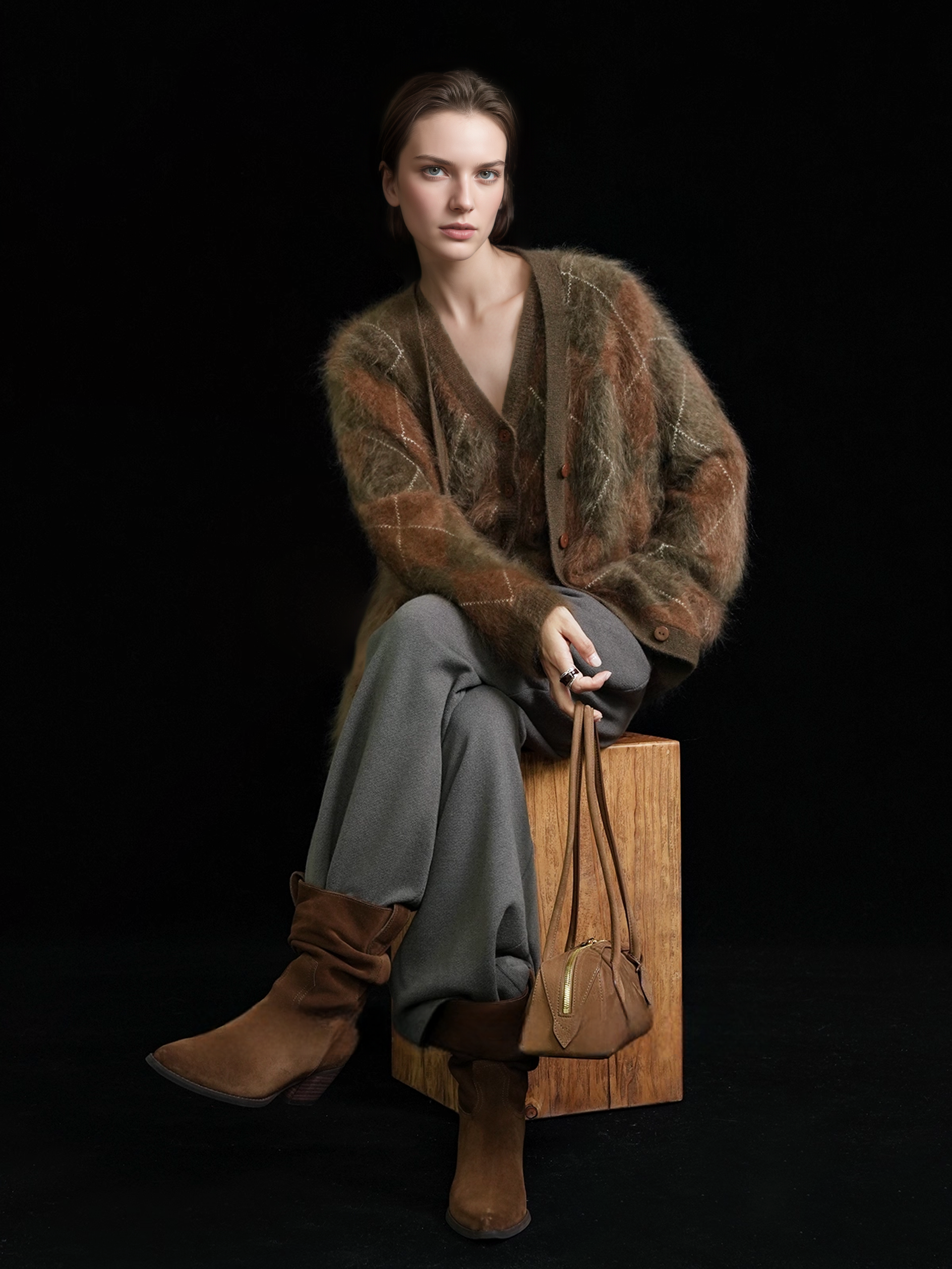 Heavyweight Brushed Knit Vintage Diamond-Pattern Cardigan for Women