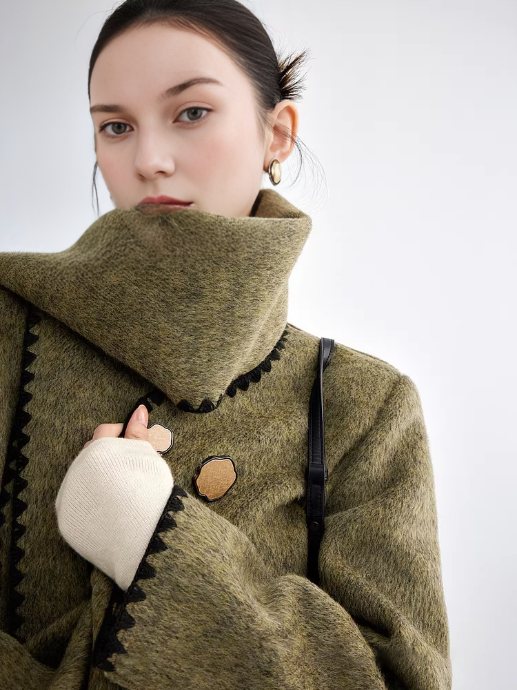 Women's Designer Green Wool Coat with Reversible Scarf – Double-Faced Wool Winter Overcoat