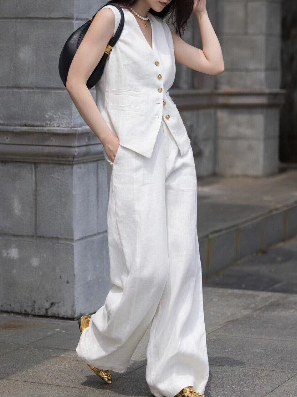 Women’s Summer Linen Two-Piece Set – Minimalist Vest & Wide-Leg Pants, Elegant Commuter Style