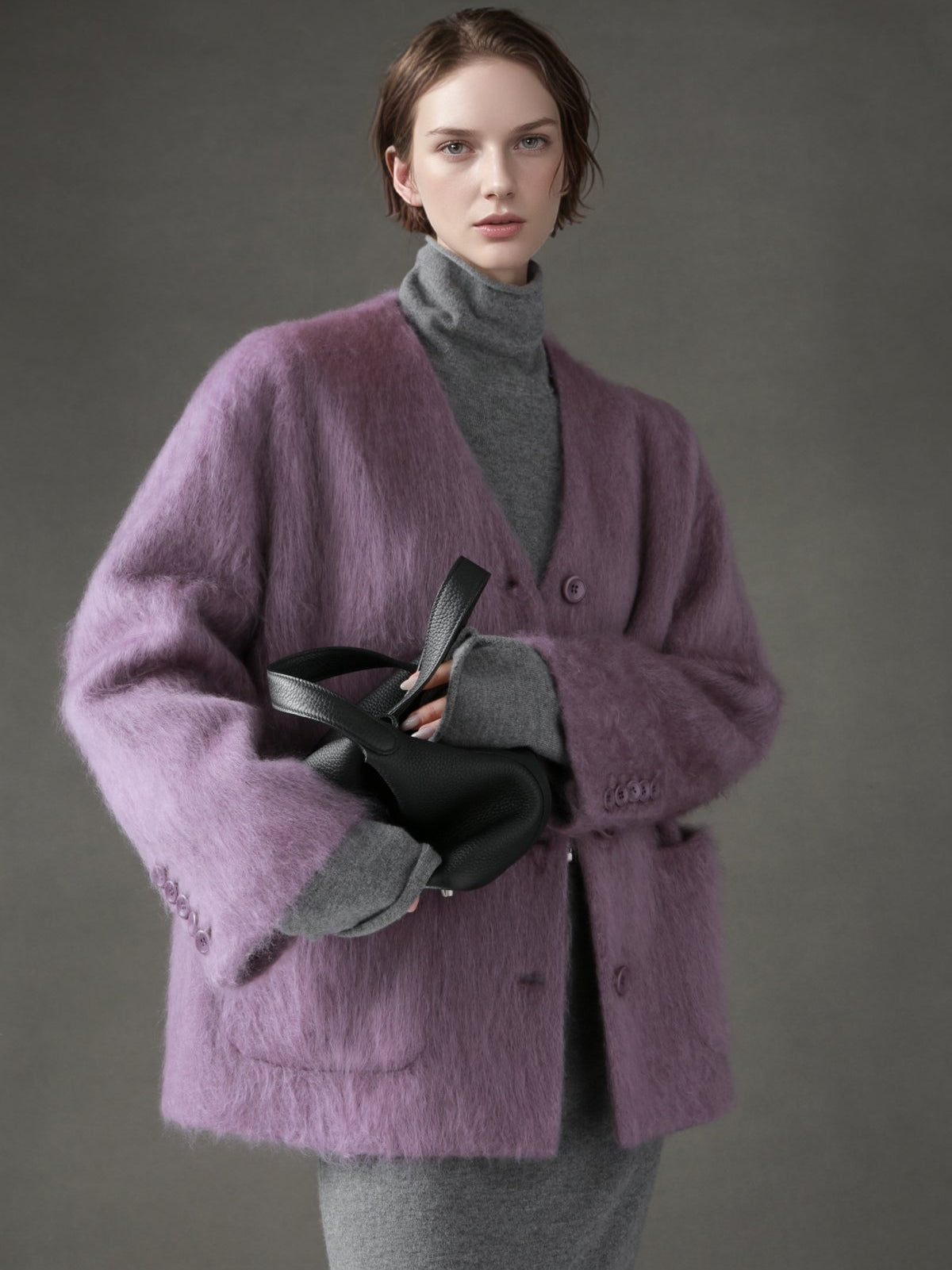 V-Neck Wool Coat for Women – Double-Faced Cashmere Blend Brushed Short Jacket, Elegant Autumn Winter Outerwear
