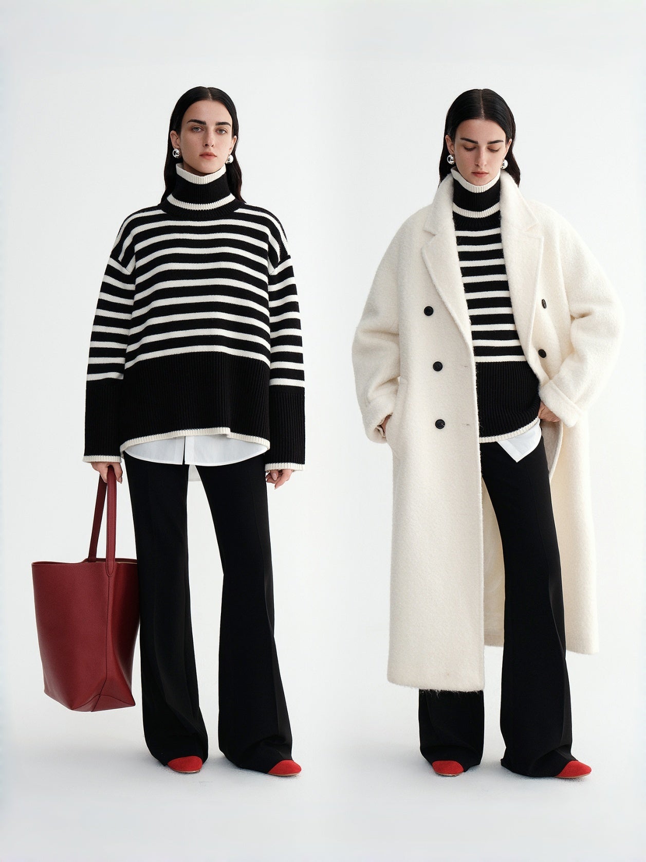 Rhythmic Stripe Wool Turtleneck Sweater – Nordic Relaxed Fit High-Neck Knit for Women