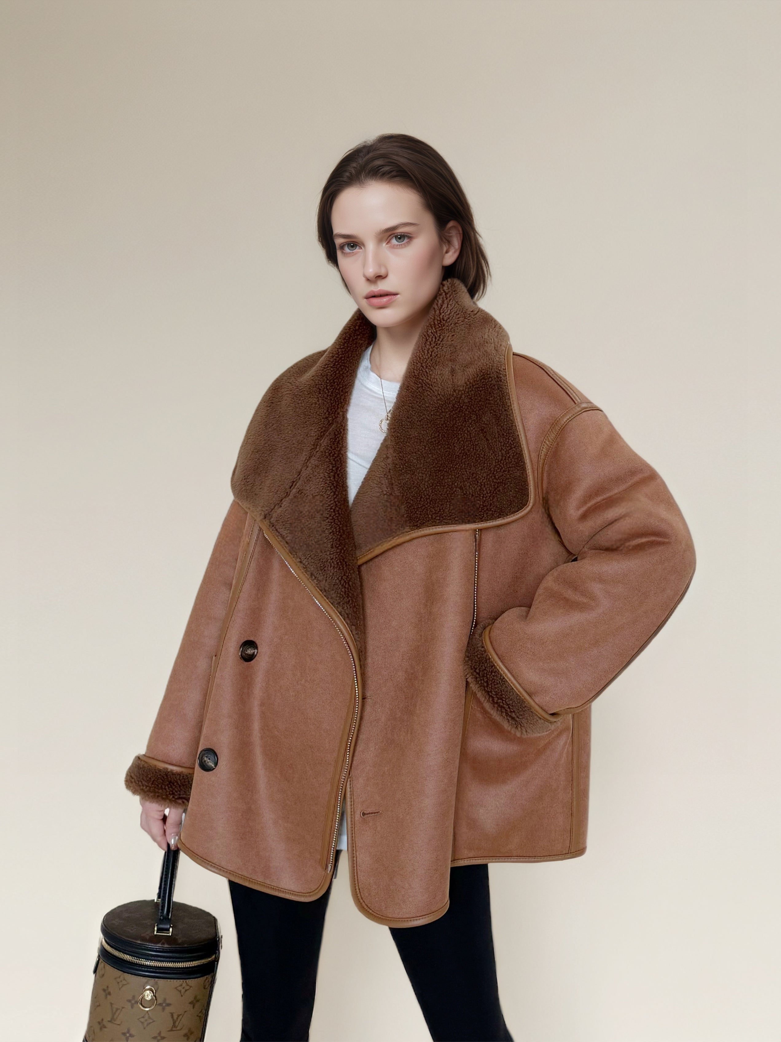 Reversible Faux Suede Coat for Women | Shearling-Lined Winter Lapel Jacket