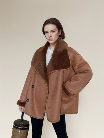 Reversible Faux Suede Coat for Women | Shearling-Lined Winter Lapel Jacket