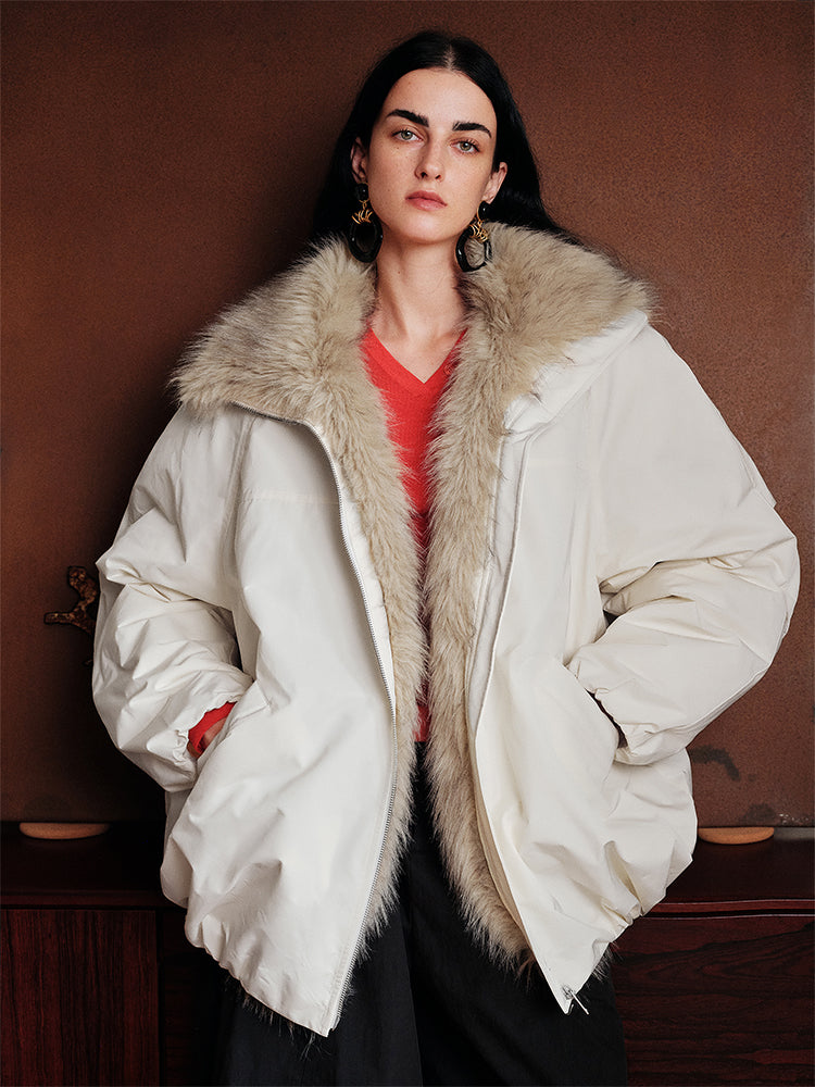 Eco-Friendly Faux Fur Flower Bud Collar Puffer Jacket | Stylish Short-Length & Versatile Women's Outerwear