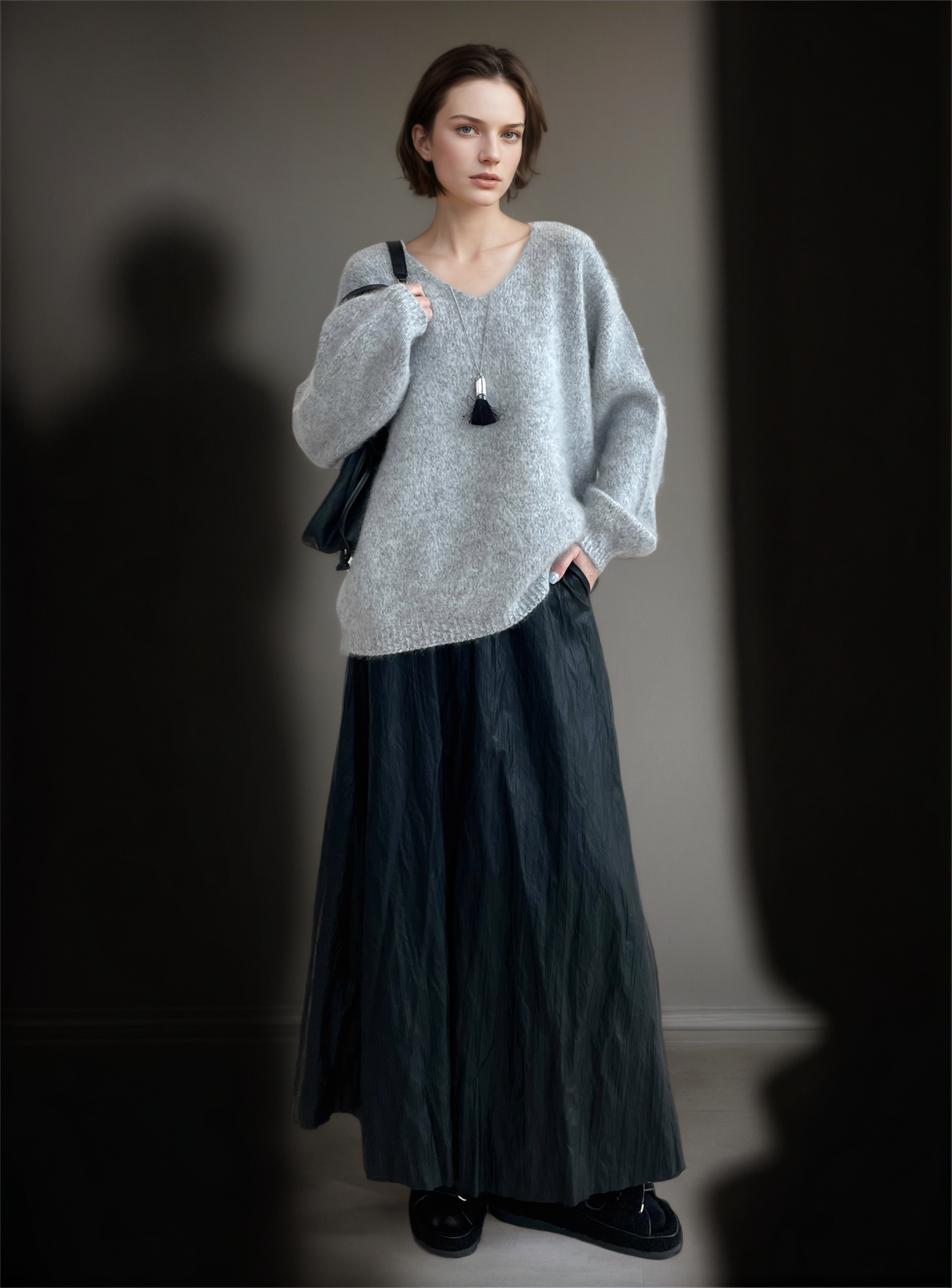 Women’s 100% Wool Brushed Knit Sweater | Seamless Two-Tone V-Neck Pullover with Soft Fuzzy Texture