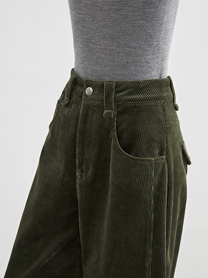 Women's Vintage Hong Kong Style Green Corduroy Wide-Leg Winter Pants – Thick Fleece Lined Slanted Cut Trousers