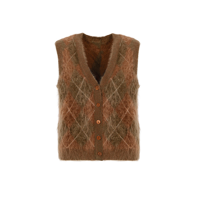 Heavyweight Brushed Knit Vintage Diamond-Pattern Sweater Vest for Women