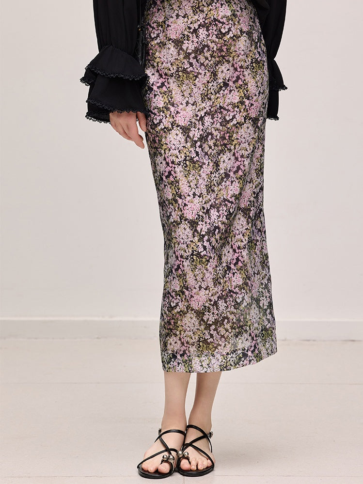 Sheer Acetate Floral Pencil Skirt – Pink High-Waist Midi with Back Slit, Fall Collection