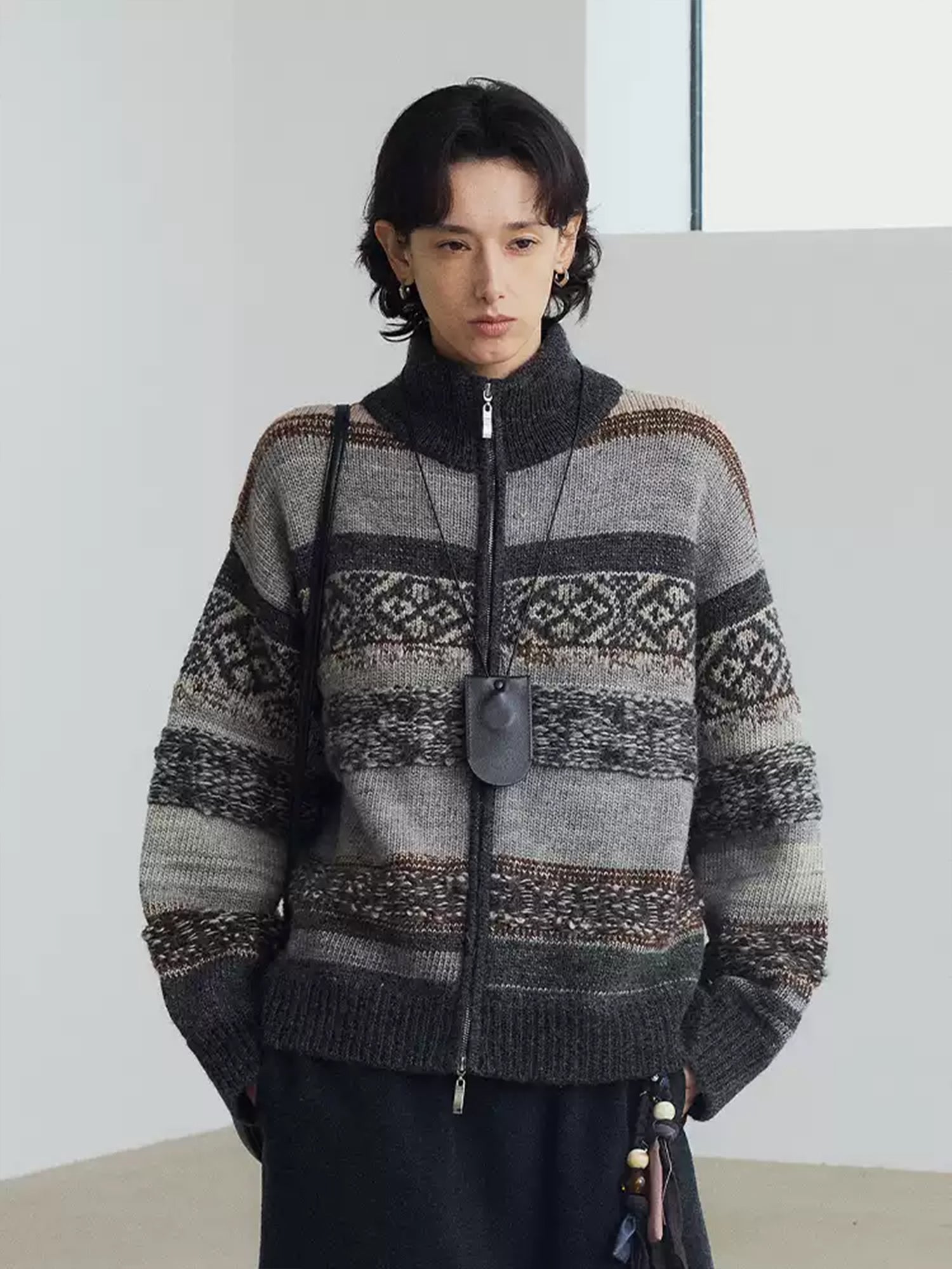 Fair Isle Geometric Knit Vintage High-Neck Sweater Jacket – Double Zipper Stand-Collar Knit for Fall/Winter